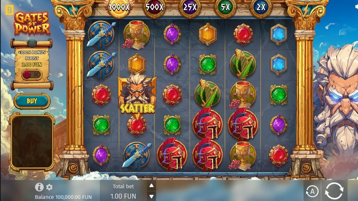 Pemandangan gerbang Olympus dalam slot Gates of Power dengan simbol petir dan Zeus