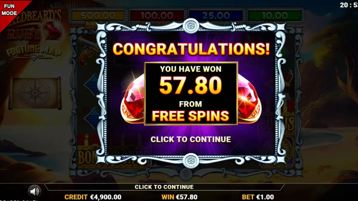 Tampilan layar game slot Redbeard’s Ruby – Fortune Map di perangkat seluler, menampilkan gulungan 6x4 dengan simbol bajak laut dan peta harta karun.