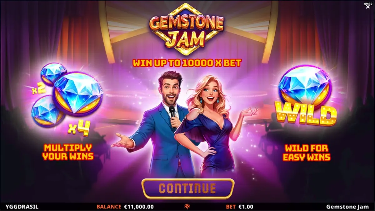 Tampilan visual slot Gemstone Jam dengan simbol permata dan desain panggung TV yang mewah